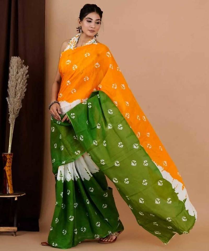 orange republic day special imported cotton blend digital print saree with matching blouse