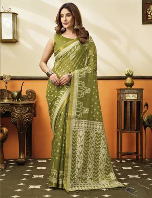olive cotton blend feel saree with elegant jhallar border 1