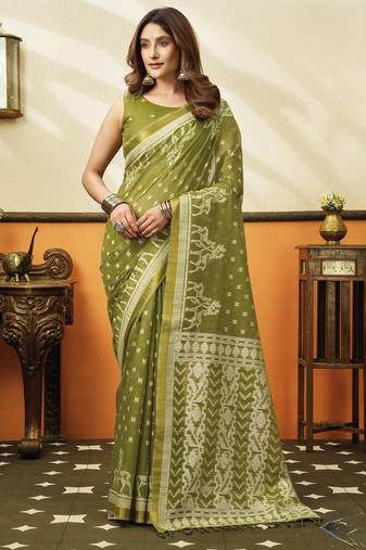 olive cotton blend feel saree with elegant jhallar border
