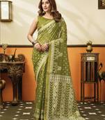 olive cotton blend feel saree with elegant jhallar border