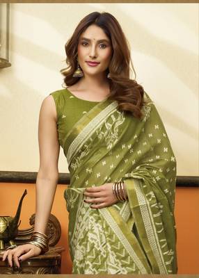 olive cotton blend feel saree with elegant jhallar border 2