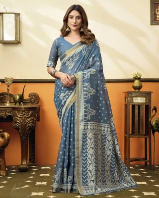 blue cotton blend feel saree with elegant jhallar border 1