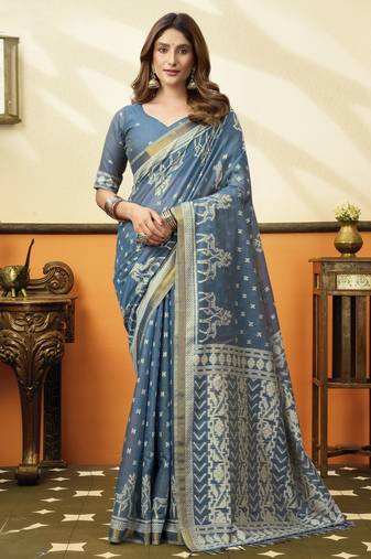 blue cotton blend feel saree with elegant jhallar border