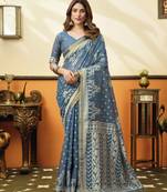 blue cotton blend feel saree with elegant jhallar border
