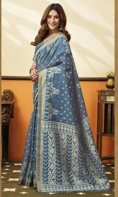 blue cotton blend feel saree with elegant jhallar border 2