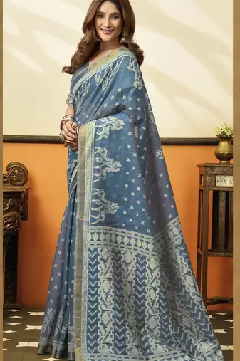 blue cotton blend feel saree with elegant jhallar border