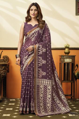 plum cotton blend feel saree with elegant jhallar border