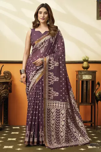 plum cotton blend feel saree with elegant jhallar border