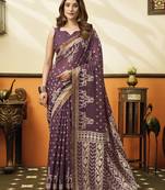 plum cotton blend feel saree with elegant jhallar border