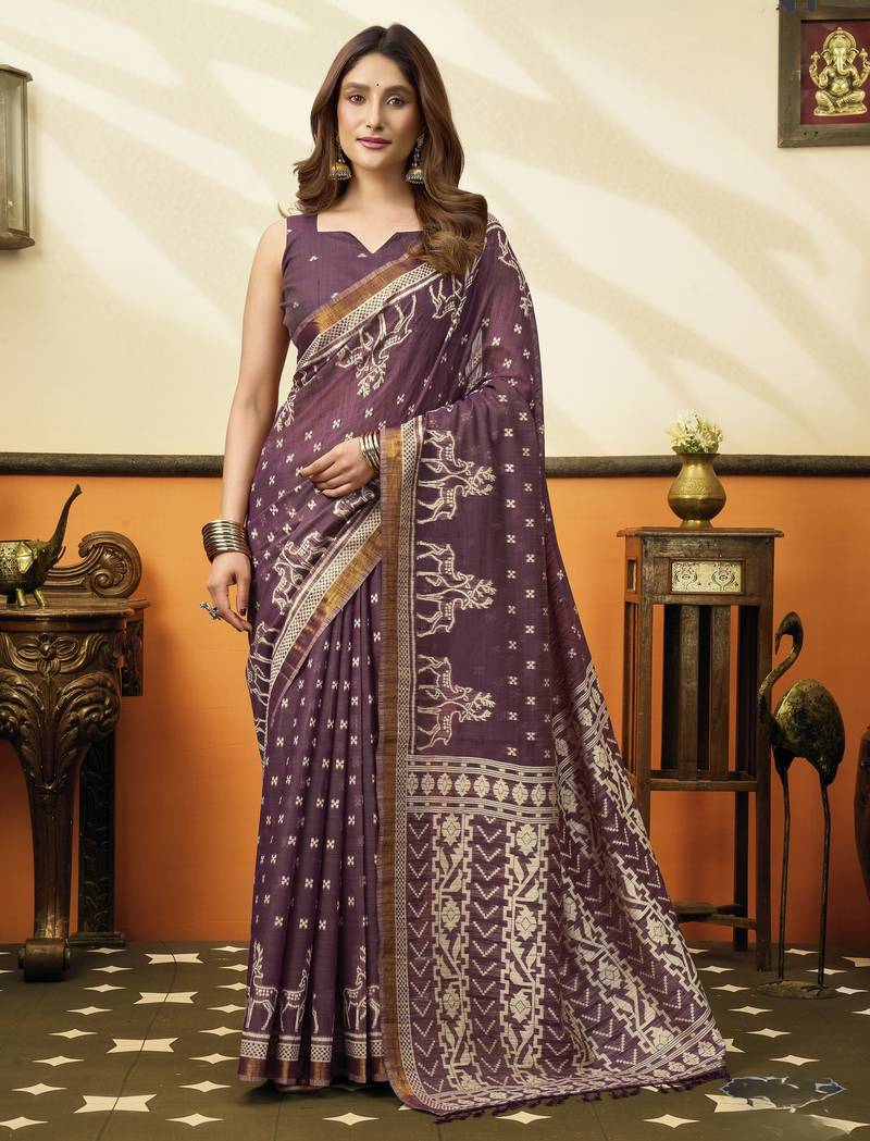 plum cotton blend feel saree with elegant jhallar border