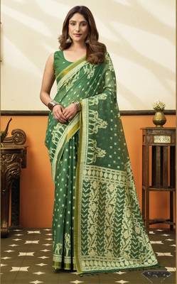 green cotton blend feel saree with elegant jhallar border 1