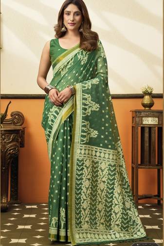 green cotton blend feel saree with elegant jhallar border