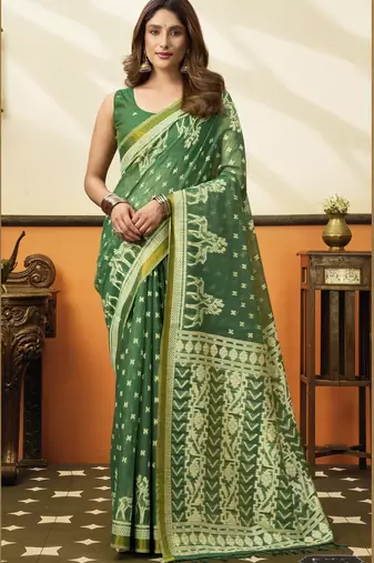 green cotton blend feel saree with elegant jhallar border