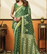 green cotton blend feel saree with elegant jhallar border
