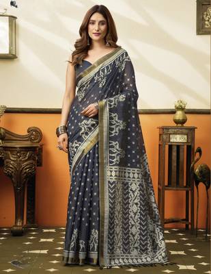navy blue cotton blend feel saree with elegant jhallar border 1