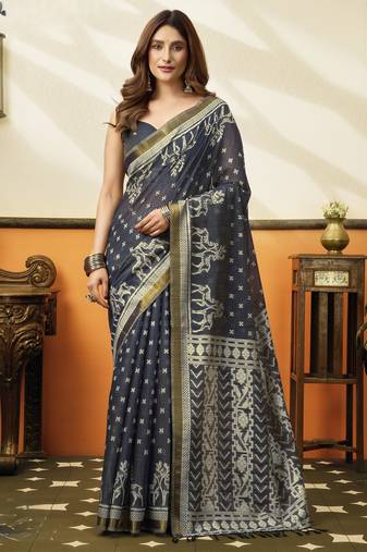 navy blue cotton blend feel saree with elegant jhallar border