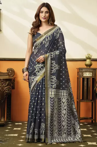 navy blue cotton blend feel saree with elegant jhallar border