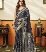 navy blue cotton blend feel saree with elegant jhallar border