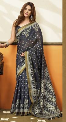 navy blue cotton blend feel saree with elegant jhallar border 2