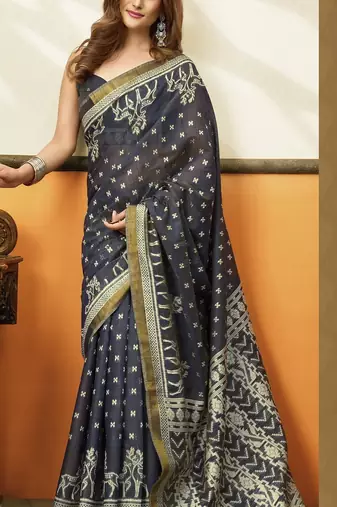 navy blue cotton blend feel saree with elegant jhallar border