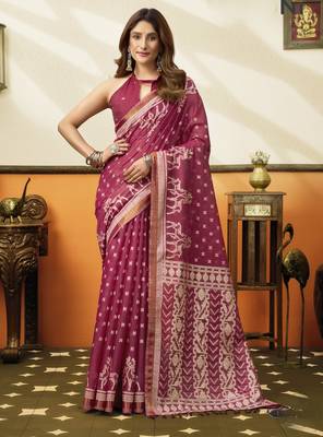 rani pink cotton blend feel saree with elegant jhallar border 1