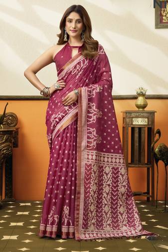 rani pink cotton blend feel saree with elegant jhallar border