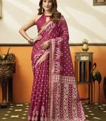 rani pink cotton blend feel saree with elegant jhallar border