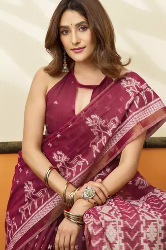 rani pink cotton blend feel saree with elegant jhallar border