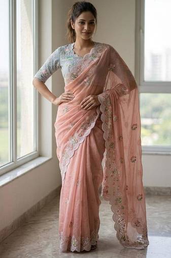 blush pink soft faux georgette embroidered wedding saree