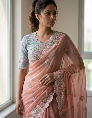blush pink soft faux georgette embroidered wedding saree 2
