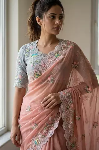 blush pink soft faux georgette embroidered wedding saree