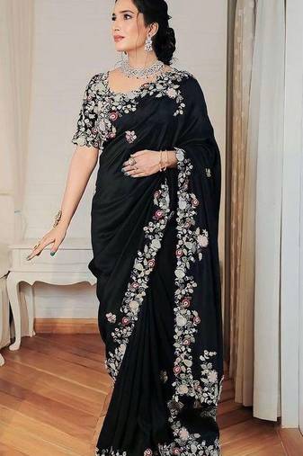 black soft georgette embroidered saree with cutwork border