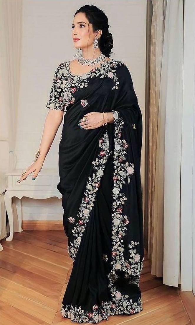 black soft georgette embroidered saree with cutwork border