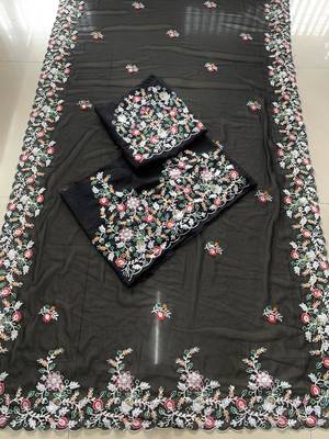 black soft georgette embroidered saree with cutwork border 2