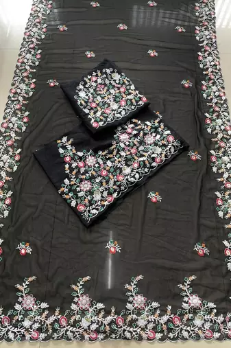 black soft georgette embroidered saree with cutwork border