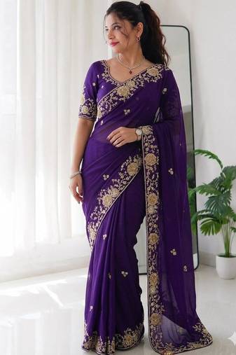 purple soft rangoli silk blend embroidered saree with cutwork border