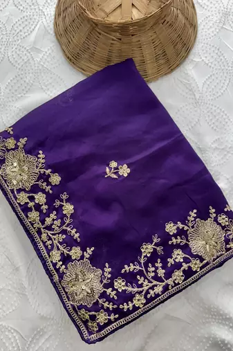 purple soft rangoli silk blend embroidered saree with cutwork border