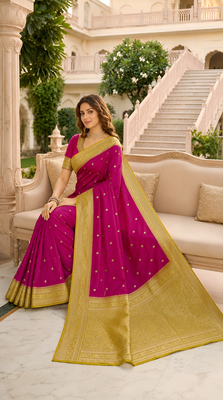 Pink soft silk blend saree with zari weaving meenakari design 2