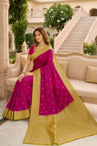 Pink soft silk blend saree with zari weaving meenakari design
