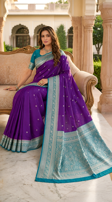 Purple soft silk blend saree with zari weaving meenakari design 2