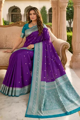 Purple soft silk blend saree with zari weaving meenakari design