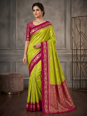 Parrot green soft silk blend saree with zari weaving meenakari design 1