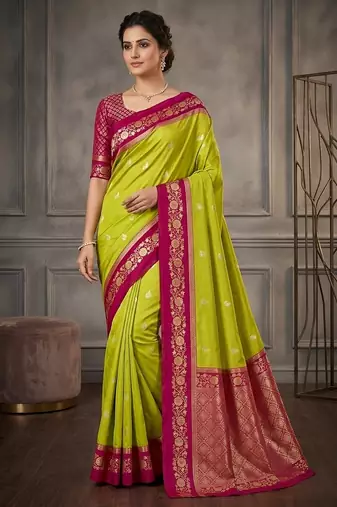 Parrot green soft silk blend saree with zari weaving meenakari design