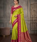 Parrot green soft silk blend saree with zari weaving meenakari design