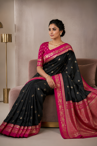 Black soft silk blend saree with zari weaving meenakari design