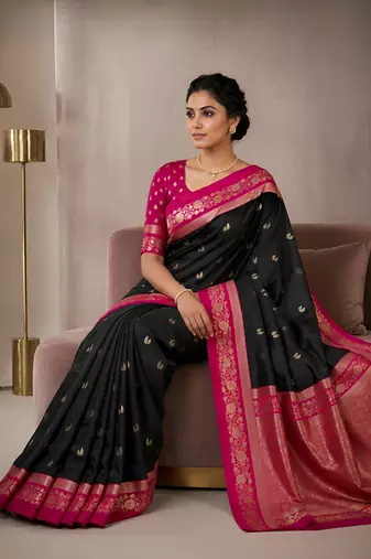 Black soft silk blend saree with zari weaving meenakari design