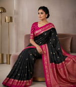 Black soft silk blend saree with zari weaving meenakari design