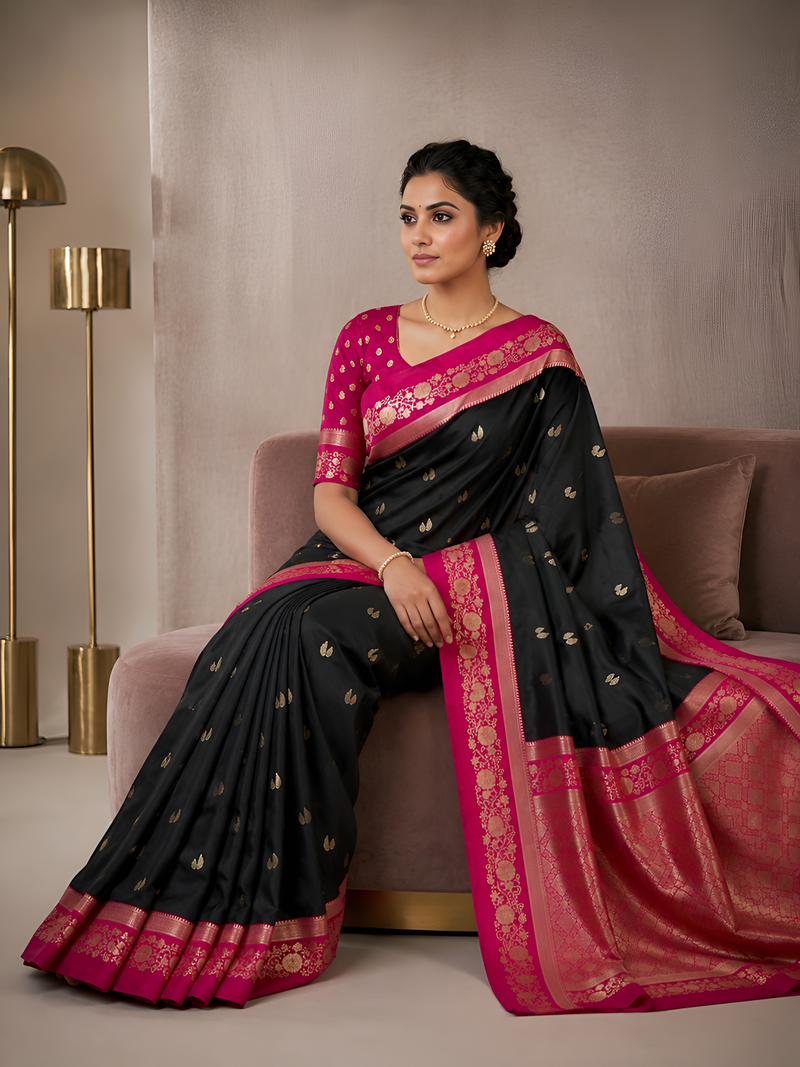 Black soft silk blend saree with zari weaving meenakari design