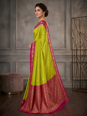 Parrot green soft silk blend saree with zari weaving meenakari design 2