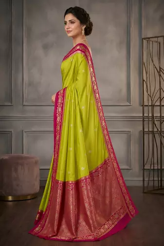 Parrot green soft silk blend saree with zari weaving meenakari design